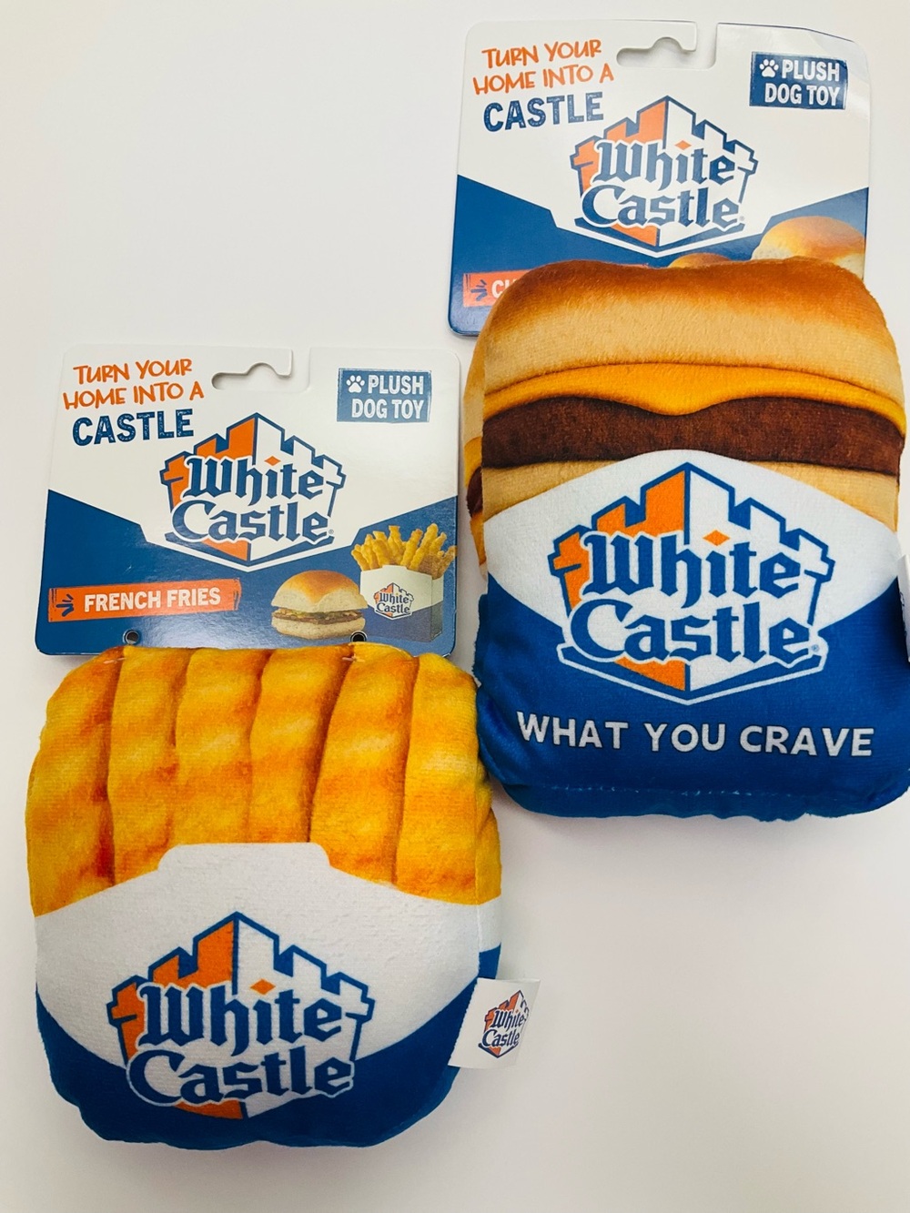 NWT White Castle Set of 2 Plush Dog Toys - Burger & Fries | Fun Novelty Gift